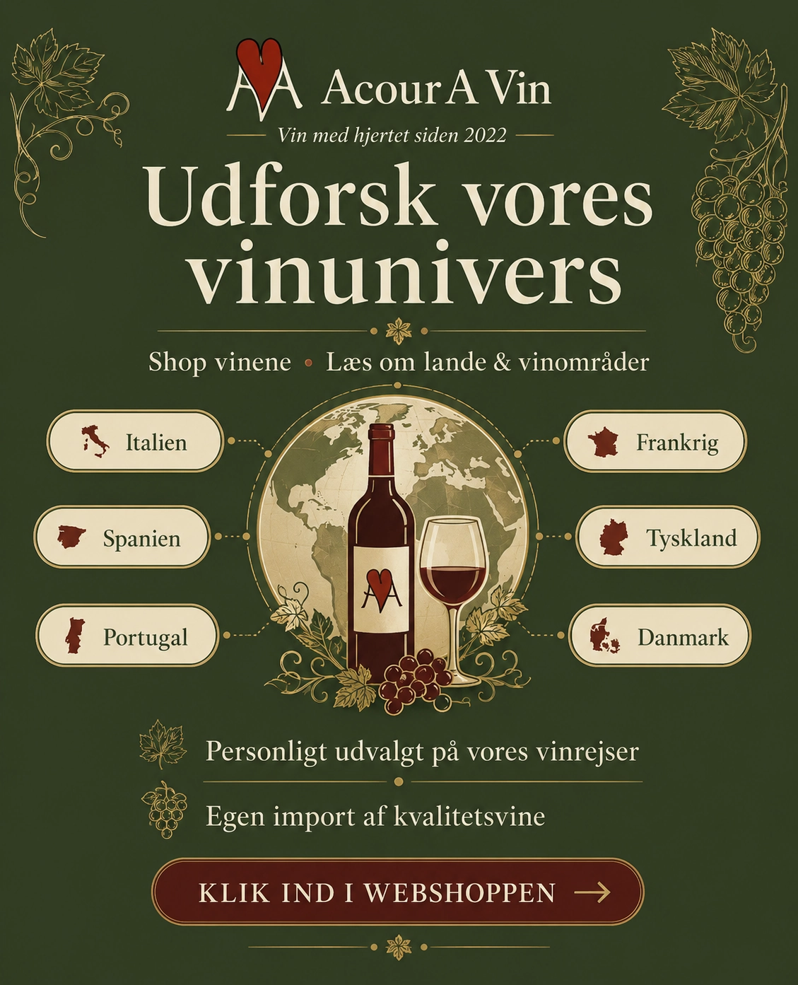Grafisk forsidebanner for AcourA Vins vinunivers med inspiration til webshop, lande og vinomr&aring;der som Italien, Spanien, Portugal, Frankrig, Tyskland og Danmark samt egen import af kvalitetsvine.